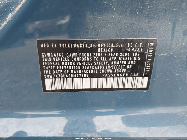 Aukcja sprzedaży 2025 Volkswagen Jetta 1.5t Se, vin: 3VW7X7BU6SM077505, numer aukcji: 46137712