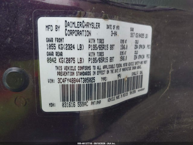 2004 Chrysler Pt Cruiser მანქანა იყიდება აუქციონზე, vin: 3C4FY48B44T305025, აუქციონის ნომერი: 46137716