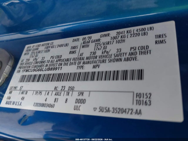 Aukcja sprzedaży 2020 Ford Escape Se, vin: 1FMCU9G66LUB89911, numer aukcji: 46137720