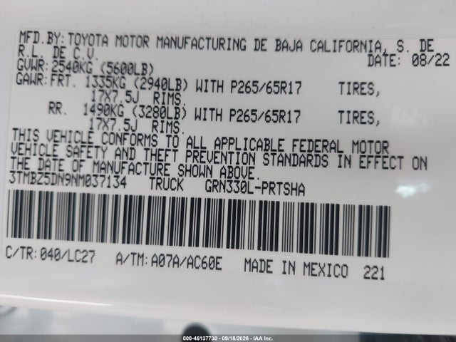 Продаж на аукціоні авто 2022 Toyota Tacoma Trd Sport, vin: 3TMBZ5DN9NM037134, номер лоту: 46137730