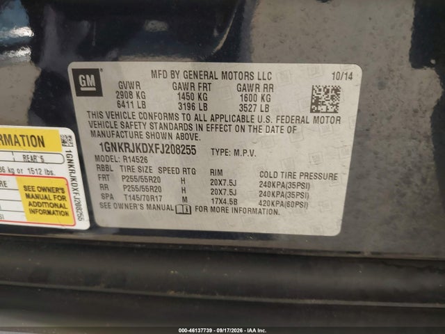 Продаж на аукціоні авто 2015 Chevrolet Traverse Ltz, vin: 1GNKRJKDXFJ208255, номер лоту: 46137739