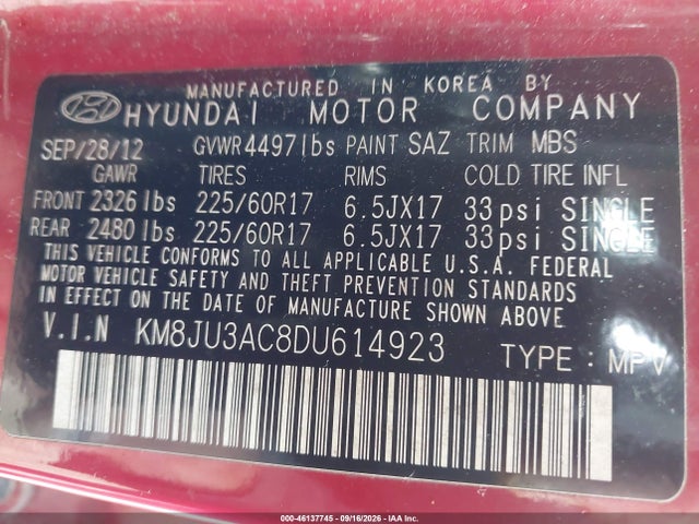 Aukcja sprzedaży 2013 Hyundai Tucson Gls, vin: KM8JU3AC8DU614923, numer aukcji: 46137745