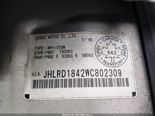 Aukcja sprzedaży 1998 Honda Cr-v Lx, vin: JHLRD1842WC802309, numer aukcji: 46137750