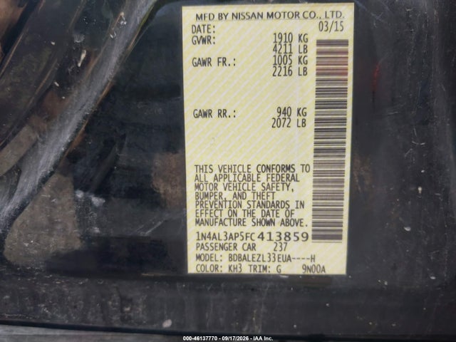 Продажа на аукционе авто 2015 Nissan Altima 2.5 S, vin: 1N4AL3AP5FC413859, номер лота: 46137770
