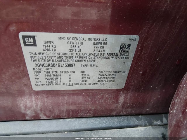 Продаж на аукціоні авто 2016 Chevrolet Trax 1ls, vin: 3GNCJKSB1GL153897, номер лоту: 46137773