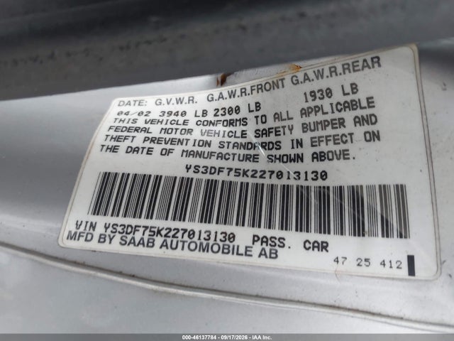 Aukcja sprzedaży 2002 Saab 9-3 Se, vin: YS3DF75K227013130, numer aukcji: 46137784