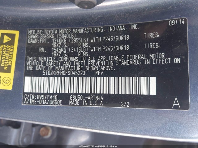 2015 Toyota Highlander Le Plus V6 მანქანა იყიდება აუქციონზე, vin: 5TDZKRFH0FS045223, აუქციონის ნომერი: 46137785