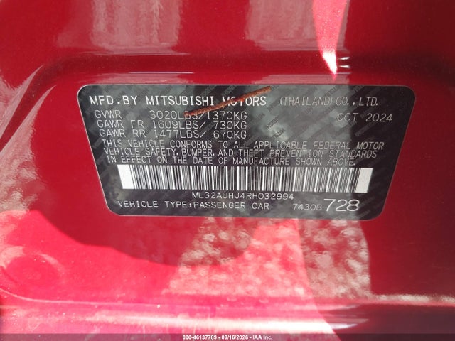 Продажа на аукционе авто 2024 Mitsubishi Mirage Es/le, vin: ML32AUHJ4RH032994, номер лота: 46137789