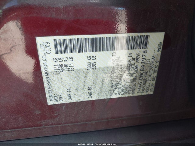 2009 Nissan Maxima 3.5 Sv მანქანა იყიდება აუქციონზე, vin: 1N4AA51E99C843978, აუქციონის ნომერი: 46137794