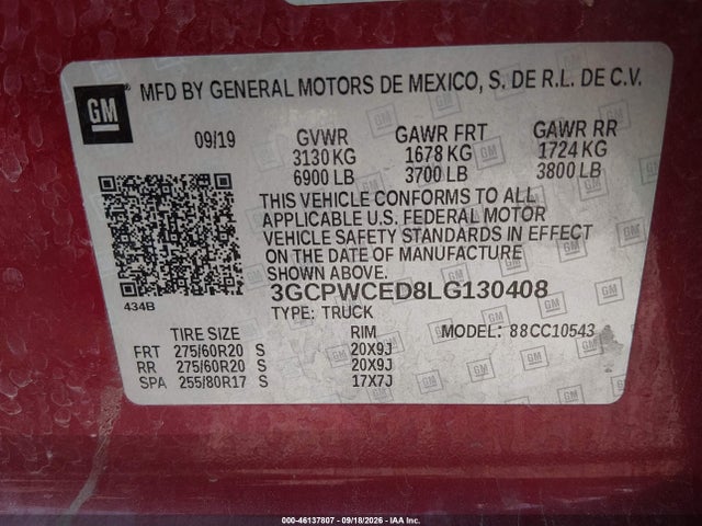 Aukcja sprzedaży 2020 Chevrolet Silverado 1500, vin: 3GCPWCED8LG130408, numer aukcji: 46137807