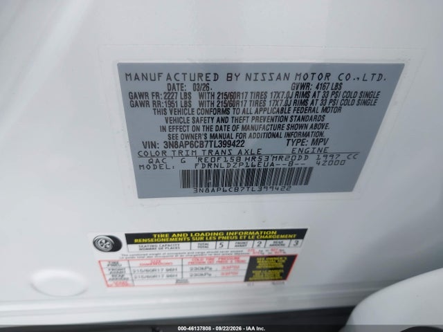 Aukcja sprzedaży 2026 Nissan Kicks Sv, vin: 3N8AP6CB7TL399422, numer aukcji: 46137808