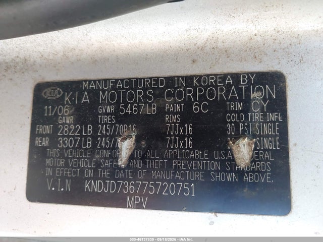 46137809 :رقم المزاد ، KNDJD736775720751 vin ، 2007 Kia Sorento Lx مزاد بيع