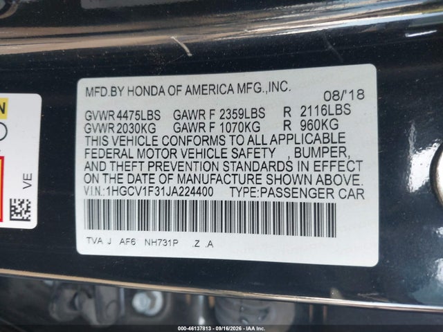 Aukcja sprzedaży 2018 Honda Accord Sport, vin: 1HGCV1F31JA224400, numer aukcji: 46137813