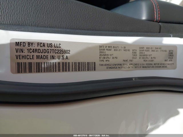 Продаж на аукціоні авто 2026 Dodge Durango Gt Awd, vin: 1C4RDJDG7TC225902, номер лоту: 46137815