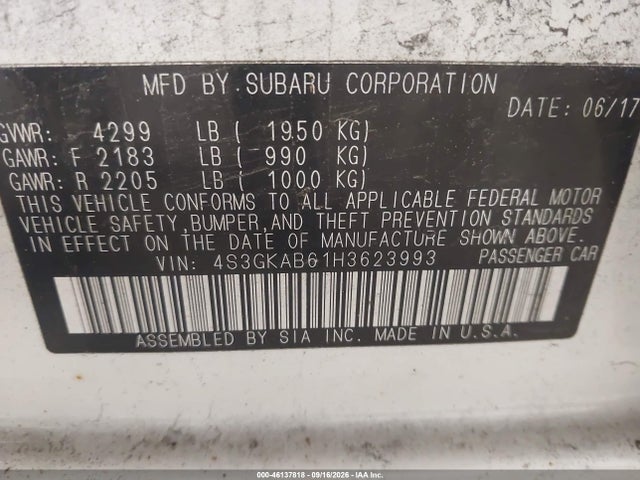 Auction sale of the 2017 Subaru Impreza 2.0i Premium, vin: 4S3GKAB61H3623993, lot number: 46137818