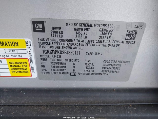 Aukcja sprzedaży 2015 Gmc Acadia Sle-2, vin: 1GKKRPKD2FJ329121, numer aukcji: 46137819