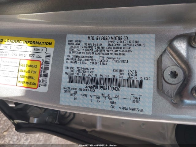 Ford Fusion Hybrid Se 2019 3FA6P0LU9KR100420 Image 9