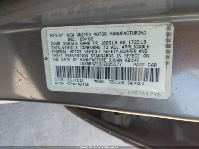 Продажа на аукционе авто 2003 Toyota Corolla S, vin: 1NXBR32E03Z025577, номер лота: 46137839