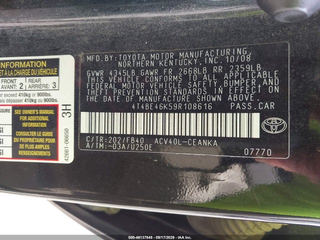 Продаж на аукціоні авто 2009 Toyota Camry Le, vin: 4T4BE46K59R108616, номер лоту: 46137848