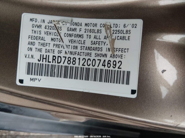 2002 Honda Cr-v Ex მანქანა იყიდება აუქციონზე, vin: JHLRD78812C074692, აუქციონის ნომერი: 46137850