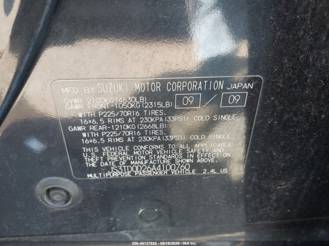 2010 Suzuki Grand Vitara Premium მანქანა იყიდება აუქციონზე, vin: JS3TD0D26A4100760, აუქციონის ნომერი: 46137855