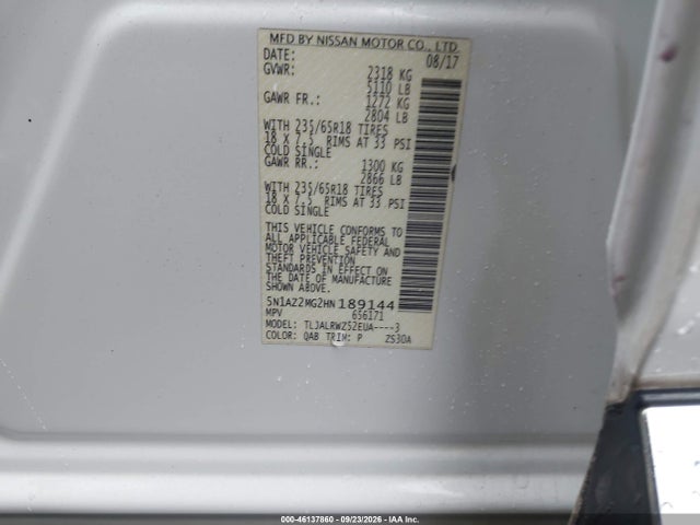 46137860 :رقم المزاد ، 5N1AZ2MG2HN189144 vin ، 2017 Nissan Murano Sl مزاد بيع