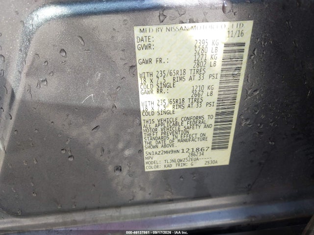 Aukcja sprzedaży 2017 Nissan Murano S/sl/sv/platinum, vin: 5N1AZ2MH9HN121867, numer aukcji: 46137861