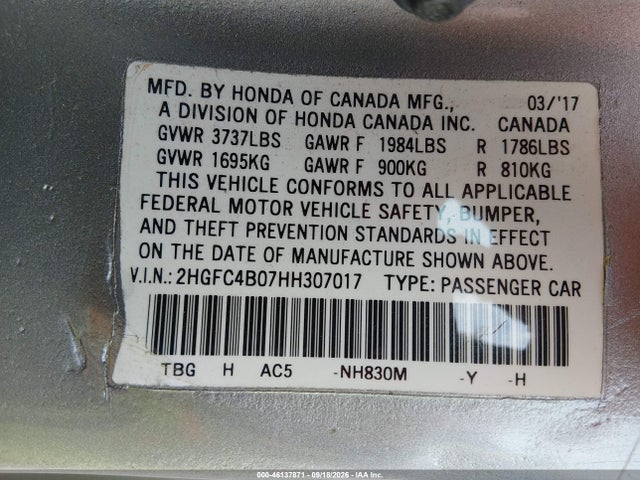 46137871 :رقم المزاد ، 2HGFC4B07HH307017 vin ، 2017 Honda Civic Lx-p مزاد بيع