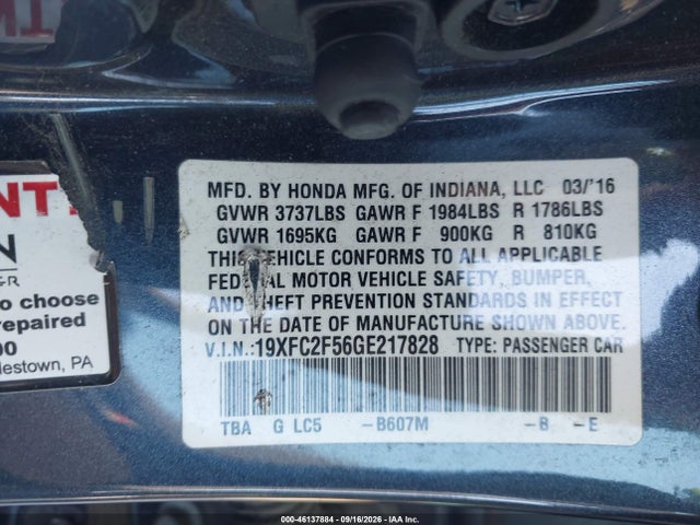 Honda Civic Lx 2016 19XFC2F56GE217828 Image 9