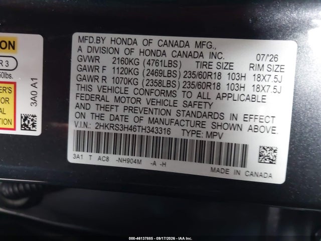 46137885 :رقم المزاد ، 2HKRS3H46TH343316 vin ، 2026 Honda Cr-v Ex 2wd مزاد بيع