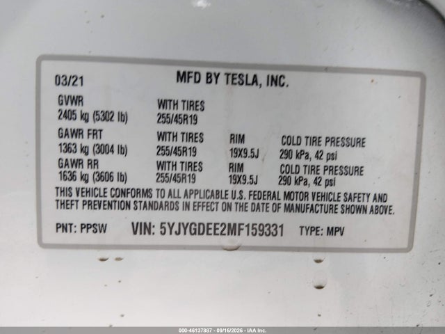 Aukcja sprzedaży 2021 Tesla Model Y Long Range Dual Motor All-wheel Drive, vin: 5YJYGDEE2MF159331, numer aukcji: 46137887