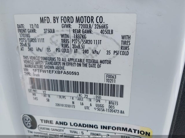 Продаж на аукціоні авто 2011 Ford F-150 Fx4, vin: 1FTFW1EFXBFA50593, номер лоту: 46137886