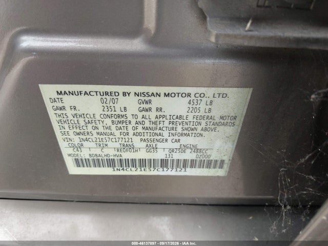 46137897 :رقم المزاد ، 1N4CL21E57C177121 vin ، 2007 Nissan Altima Hybrid مزاد بيع