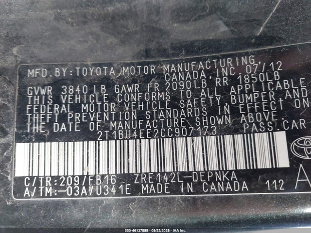 Продажа на аукционе авто 2012 Toyota Corolla Le, vin: 2T1BU4EE2CC907173, номер лота: 46137899