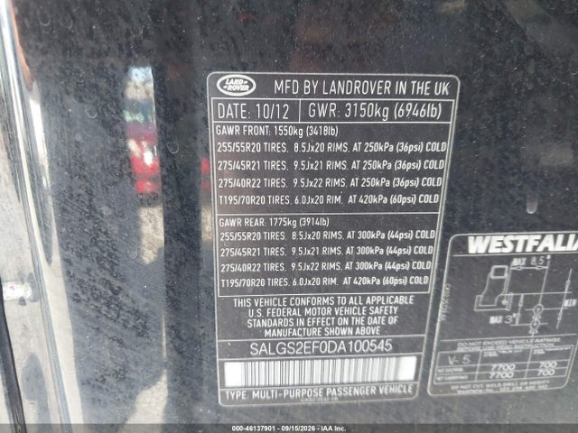 2013 Land Rover Range Rover Supercharged მანქანა იყიდება აუქციონზე, vin: SALGS2EF0DA100545, აუქციონის ნომერი: 46137901
