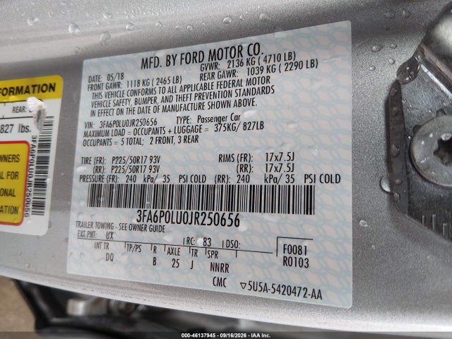 2018 Ford Fusion Hybrid Se მანქანა იყიდება აუქციონზე, vin: 3FA6P0LU0JR250656, აუქციონის ნომერი: 46137945
