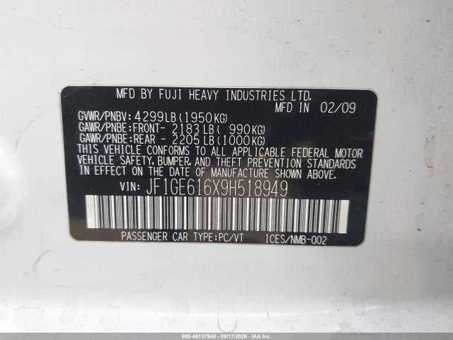 Продаж на аукціоні авто 2009 Subaru Impreza 2.5i, vin: JF1GE616X9H518949, номер лоту: 46137948