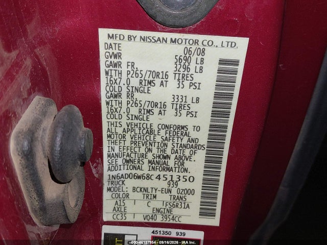 2008 Nissan Frontier Se მანქანა იყიდება აუქციონზე, vin: 1N6AD06W68C451350, აუქციონის ნომერი: 46137954
