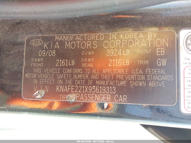 2009 Kia Spectra Lx მანქანა იყიდება აუქციონზე, vin: KNAFE221X95619313, აუქციონის ნომერი: 46137955