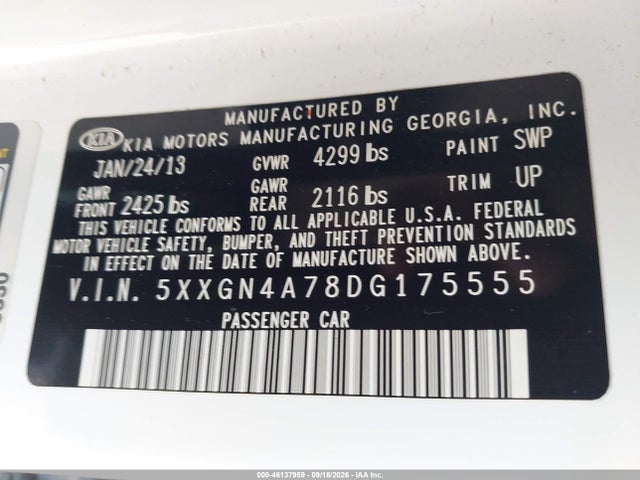 Auction sale of the 2013 Kia Optima Ex, vin: 5XXGN4A78DG175555, lot number: 46137959