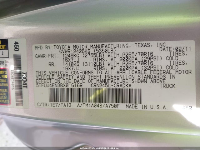 2011 Toyota Tacoma Base V6 მანქანა იყიდება აუქციონზე, vin: 5TFUU4EN3BX016169, აუქციონის ნომერი: 46137974