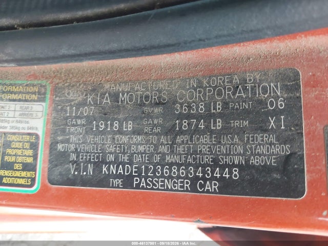 46137981 :رقم المزاد ، KNADE123686343448 vin ، 2008 Kia Rio Lx مزاد بيع