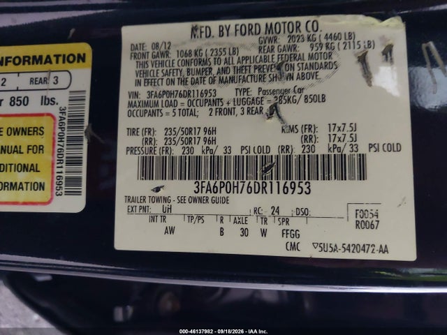 46137982 :رقم المزاد ، 3FA6P0H76DR116953 vin ، 2013 Ford Fusion Se مزاد بيع