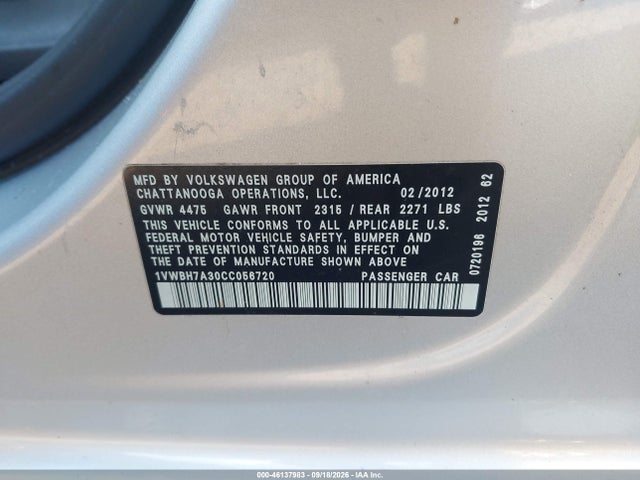 Продаж на аукціоні авто 2012 Volkswagen Passat 2.5l Se, vin: 1VWBH7A30CC056720, номер лоту: 46137983