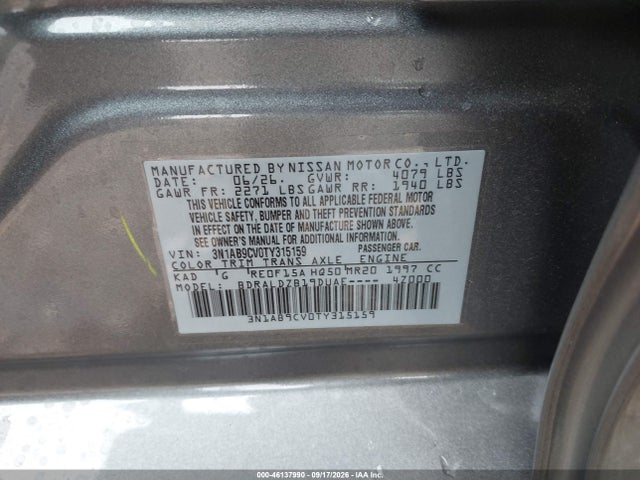 46137990 :رقم المزاد ، 3N1AB9CV0TY315159 vin ، 2026 Nissan Sentra Sv مزاد بيع