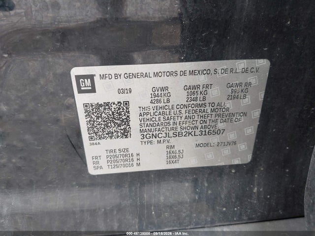 Продаж на аукціоні авто 2019 Chevrolet Trax Lt, vin: 3GNCJLSB2KL316507, номер лоту: 46138000