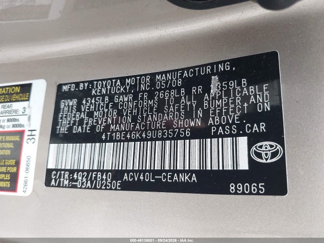 Aukcja sprzedaży 2009 Toyota Camry Le, vin: 4T1BE46K49U835756, numer aukcji: 46138001