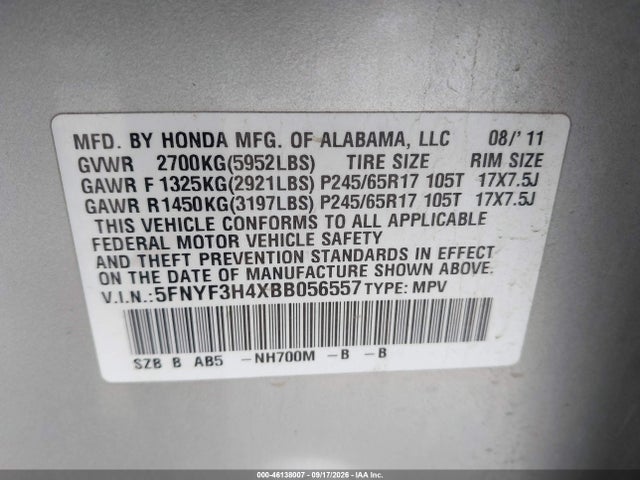 46138007 :رقم المزاد ، 5FNYF3H4XBB056557 vin ، 2011 Honda Pilot Ex مزاد بيع