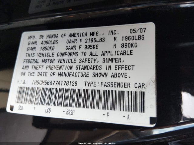 46138011 :رقم المزاد ، 1HGCM56477A178129 vin ، 2007 Honda Accord 2.4 Lx مزاد بيع
