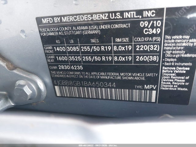 Продаж на аукціоні авто 2011 Mercedes-benz Ml 350 4matic, vin: 4JGBB8GB1BA650344, номер лоту: 46138022